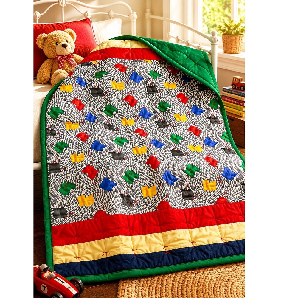 Vintage Handmade Race Car Patchowork Quilt Twin Size 80x54